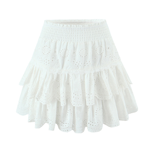 Jupe mi-longue décontractée d'été en dentelle à œillets superposés et élasthanne, avec broderie, taille naturelle et fonction antistatique - Product Image 1