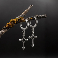 Boucles d'oreilles créoles pendantes croix esthétique gothique sombre en acier inoxydable 316L avec zircon noir, bijoux unisexe punk grunge pour hommes et femmes