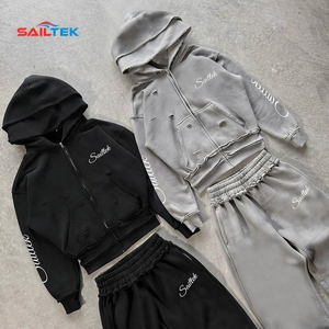 Felpa con Cappuccio Corta Distressed <span class=keywords><strong>Y2K</strong></span> Streetwear da Uomo, Oversize Casual Boxy con Doppia Zip e Cappuccio, Alta Qualità - Product Image 1