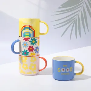 Mug Keramik Lucu Bunga Aster Musim Panas, Hadiah Kreatif Kartun Susu Sarapan Kuning Cerah