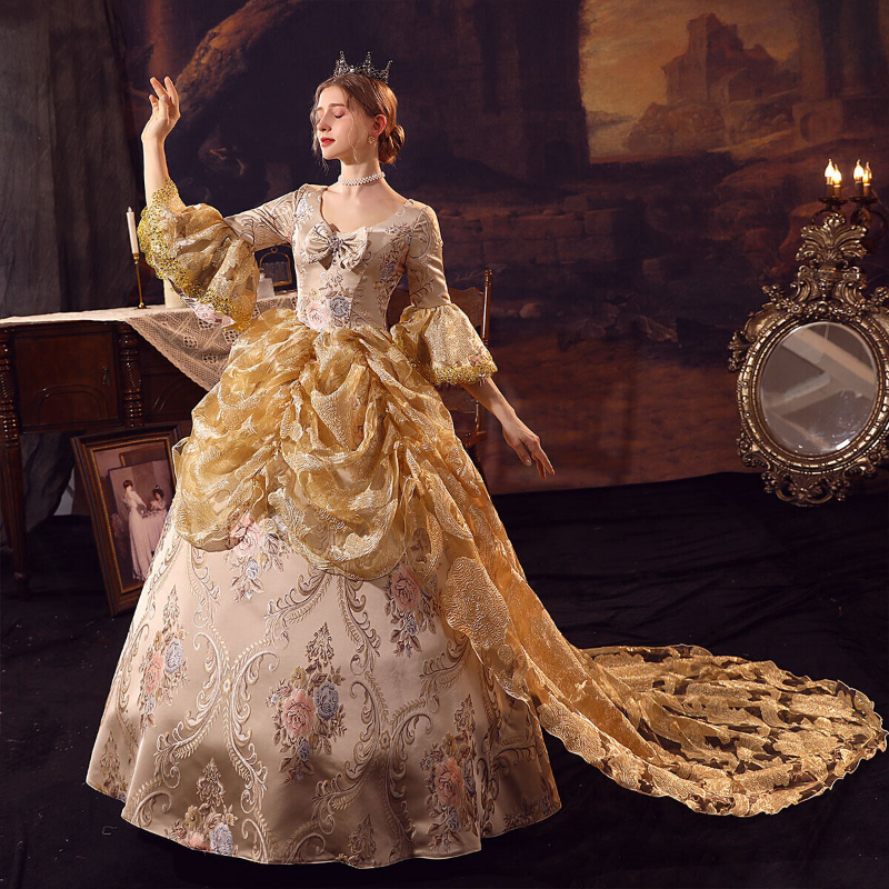 Gold Renaissance Long Gown Costume for Women - Elegant Prom Queen Dresses & Cosplay in Stunning Gold Sequin Gold Renaissance Long Gown Costume for Women - Elegant Prom Queen Dresses & Cosplay in Stunning Gold Sequin