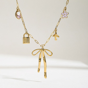 Fashion Multi-story Pendant Necklace Stainless Steel Bowknot Pearl Charm Jinhua Origin Women's Jewelry - Product Image 3