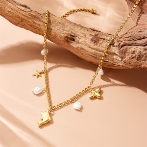 Ocean Style Pendant Necklace With Dolphin Starfish Pearl Charms Stainless Steel Jewelry For Women Fashion Accessory - Product Image 2