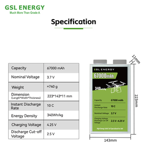 GSL ENERGY 340Wh/kg Solid State 1000 Cycles 67000mAh 3.7V 10C Drone Battery Pack Agricultural Drone -20-55 740g - Product Image 5
