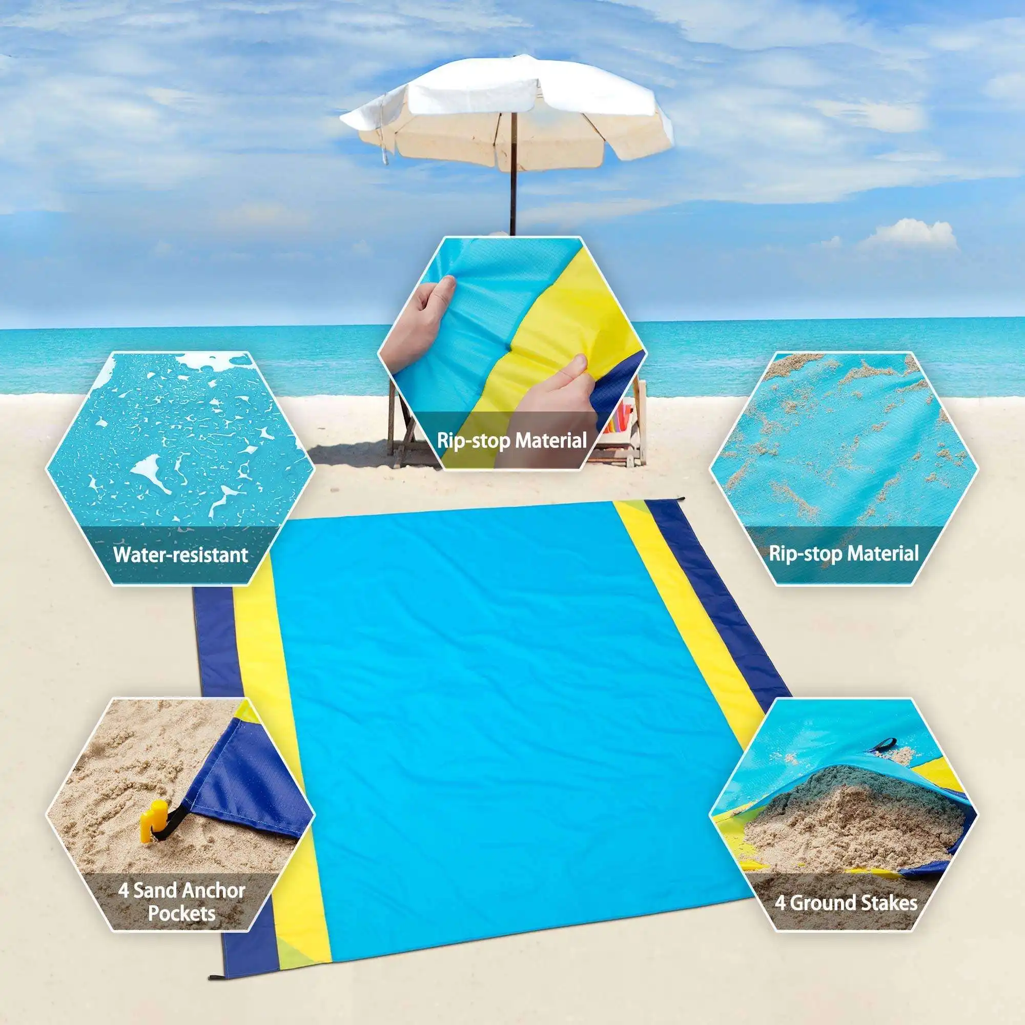 Tappetino da spiaggia impermeabile per picnic all'aperto di alta qualità portatile ultraleggero in nylon ripstop coperta da spiaggia