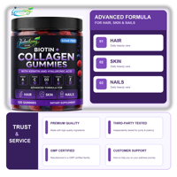Gummies de biotine et collagène à marque privée pour cheveux, peau et ongles avec kératine et acide hyaluronique, sans sucre, 120 gummies, OEM ODM, vente en gros