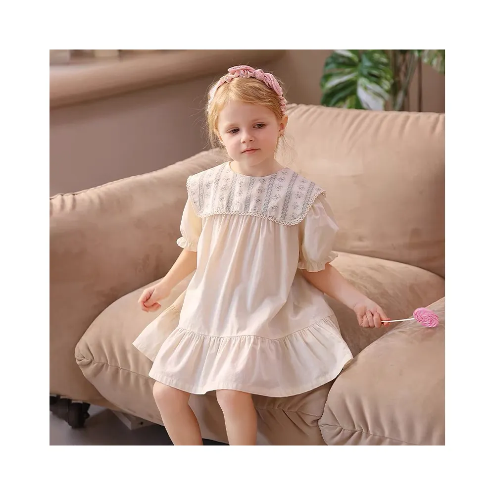 Yalindars coton tissu à manches courtes bébé robes col rond mini Beige couleur unie bébé robe de soirée