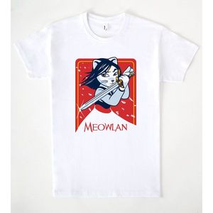T-shirt Meowlan in cotone bianco unisex con stampa grafica Cat Warrior Design - Product Image 1