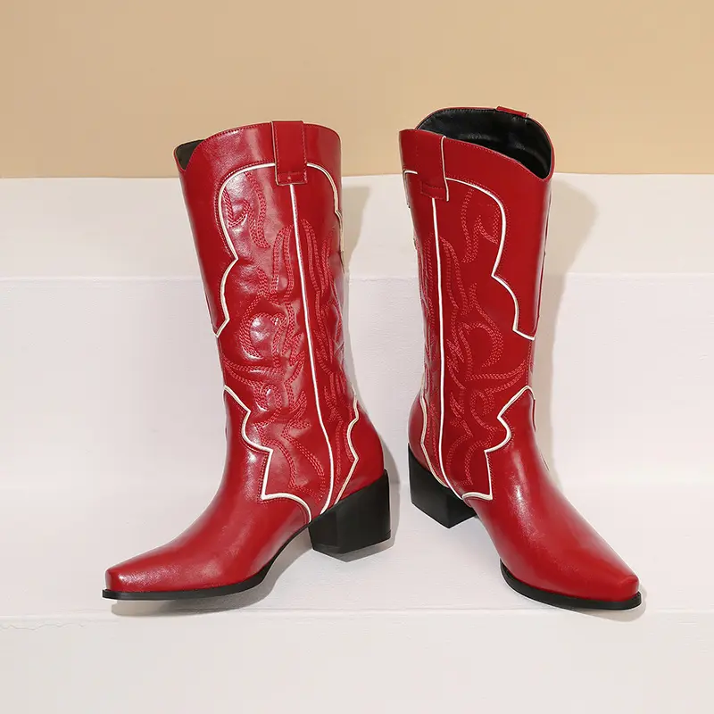 SHIKOL دروبشيبينغ أحمر أسود أحذية عالية للركبة من الجلد للنساء 5 كعب سميك أحذية مخصصة تطريز أحذية