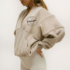 Jersey bordado Color sólido liso francés Terry sudadera Hip Hop ajuste suelto manga larga Mujer polar media cremallera para mujer - Product Image 6