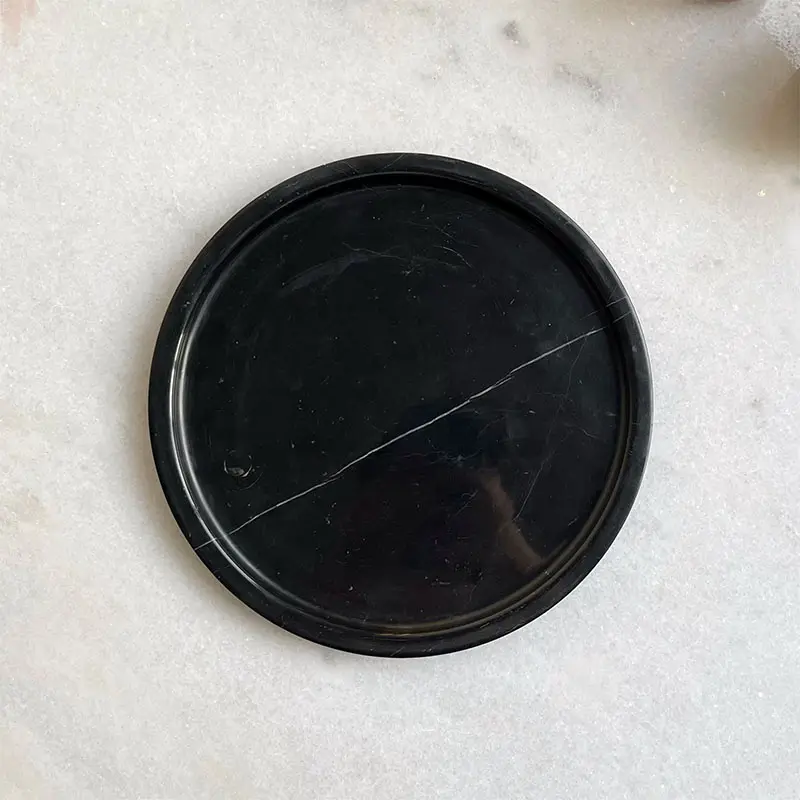 Prefab Nero marquina black marble serving tray Round tray dia 20x3cm