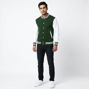 FINER THREADS Chaqueta Varsity para Hombre Verde Bosque y Blanca con Ribete Acanalado a Rayas, Cierre de Botones a Presión, Corte Ajustado, 100% Algodón, Invierno, Urbana - Product Image 1