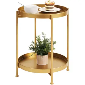咖啡桌，带2个可拆卸金色圆形托盘，用于客厅设计优雅的2层小吃桌
