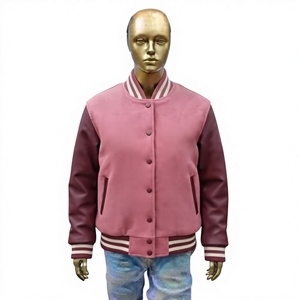 Nabtay Sports Pink Varsity Jacket Maroon Leather Sleeves <b>Covered</b> <b>Button</b> Collar Full Sleeve Regular Fit Winter High Street Wool - Product Image 1
