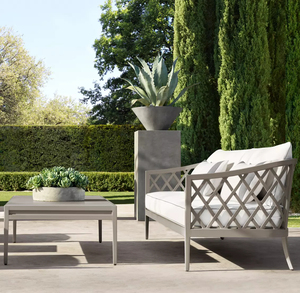 Sofá clásico y elegante de aluminio fundido para exteriores con acabado texturizado de piedra, sofá de jardín de metal resistente a la intemperie para terraza de villa. - Product Image 5