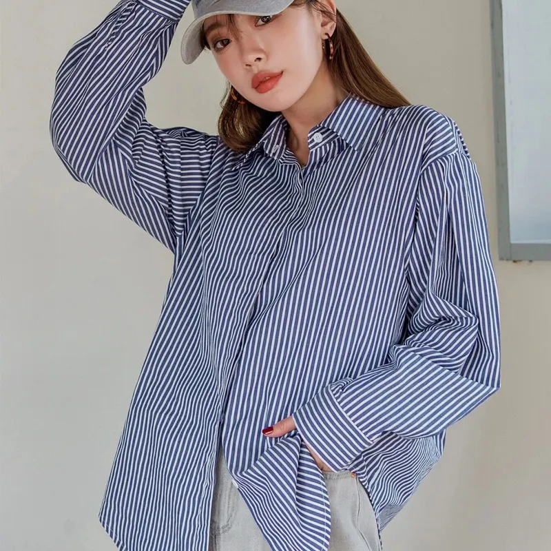 Customized Shirts Cotton Striped Print Drop Shoulder Long Sleeve Curved Hem Blue Blouse And Shirts For Women