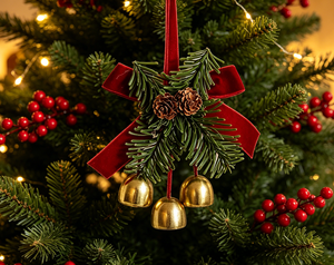 Décoration de Noël en forme de cloche et de cône de pin, avec nœud en velours, branche de <span class=keywords><strong>sapin</strong></span> artificielle, pour arbre de Noël, vente en gros - Product Image 2