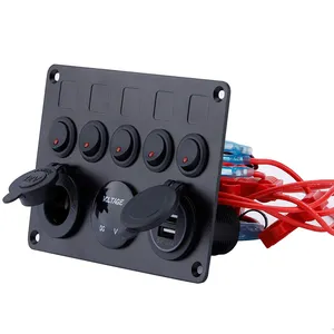 Digital 12v Socket 5 Gang IP68 LED Charger Dual USB Panel Car Boat Marine Rocker Switch Panel With Voltmeter