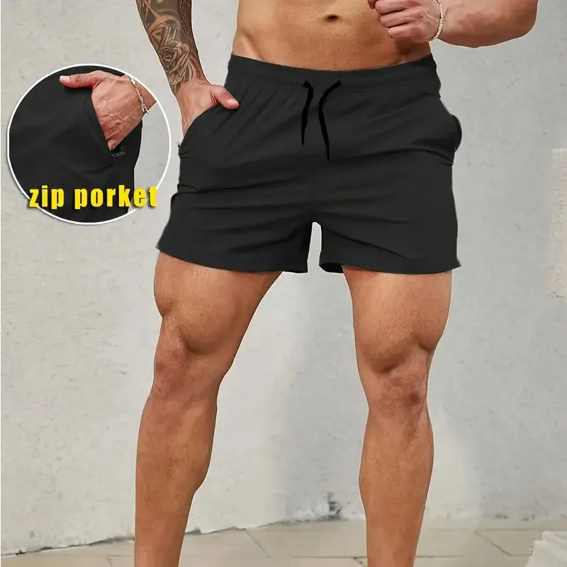 Shorts esportivos masculinos com alça elástica personalizada para homens, com bolso com zíper e secagem rápida e folgada, com alça para treinamento atlético em branco