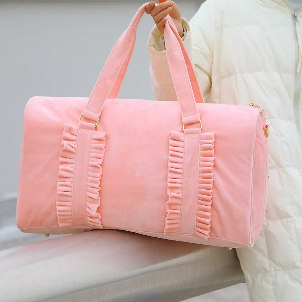 Wholesale Custom Ruffle Duffle Travel Bag Microfiber Pink Ruffle Weekender Bag Women