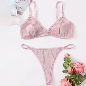 2Pcs Women Lace See Through Sheer Mini Micro Bikini Bra with G-String Lingerie Set