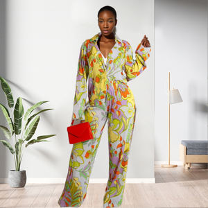 Unique Design Casual Floral Print Shirt Straight 2 Piece <b>Pants</b> Set Women Fashion - Product Image 4