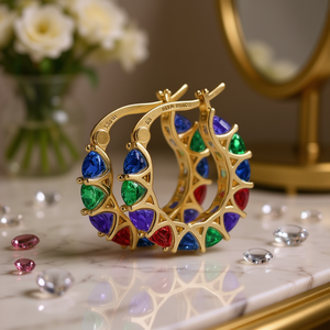 Lalai <b>Black</b> Gold Hoop <b>Earrings</b> With Multicolor Pear Cut Stones Geometric Design <b>For</b> <b>Women</b> Party Jewelry Trendy Fashion <b>Earrings</b> - Product Image 2