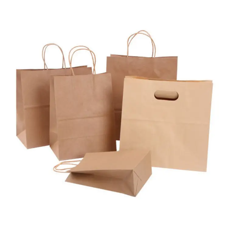 Sac kraft à emporter avec poignée marron personnalisée vente en gros d'emballage jetable impression de logo sacs en papier rapides pour les aliments à emporter