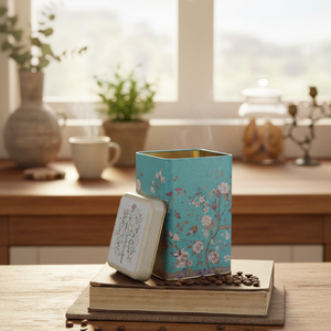 1.6L Floral Design Pastel Blue Square Metal Tin 105x105x160mm pour le stockage et la conservation des aliments - Product Image 3