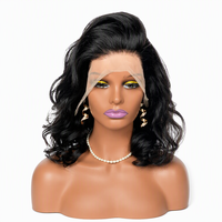 Perruque courte ondulée sans colle avec dentelle frontale, cheveux humains, noir naturel, coupe bob ondulée pour femmes