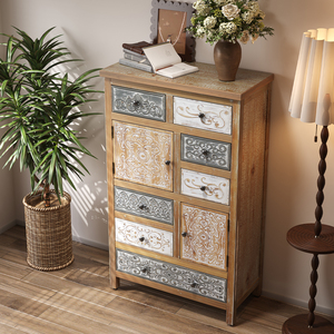 Vintage Tall Wooden Accent Cabinet 7 <b>Drawers</b> 2 Doors Rustic Multicolor Carved <b>Storage</b> Chest for Living Room Bedroom - Product Image 4