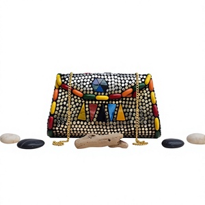 Artisan Shell Mosaic <b>Mother</b> of Pearl Clutch Bag with Removable Metal Chain - Product Image 1