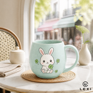 Set <span class=keywords><strong>di</strong></span> Tazze in Ceramica Verde Menta e Rosa, Coniglietto Bianco con Quadrifoglio, Regalo per Bambini, Design Primaverile in Porcellana - Product Image 1