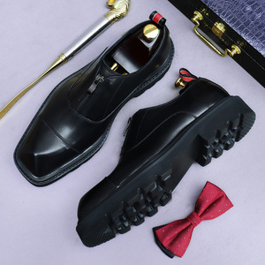 Zapatos de cuero con plataforma y cremallera de tacón alto, con tres uniones, cuero genuino, para uso formal de negocios, punta ancha, estilo retro, para hombre - Product Image 5