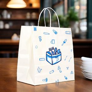 Bolsas de papel blancas expandibles para panadería con asas de cinta azul marino, logotipo, bolsa de papel kraft azul para alimentos de 5x7 con asa retorcida para donuts - Product Image 1