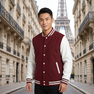 Blouson universitaire homme marron et blanc, style preppy, col montant, coupe droite, coupe-vent hiver, en laine écologique, couleur unie, boutonné - Product Image 1