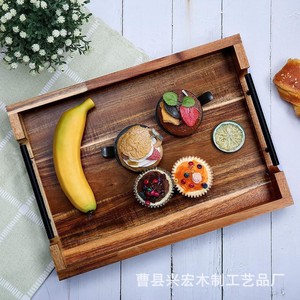 Solid Wood <b>Tray</b> With Handles Coffee Brown Acacia Serving <b>Tray</b> For Hotel Restaurant <b>Snacks</b> Drinks - Product Image 1