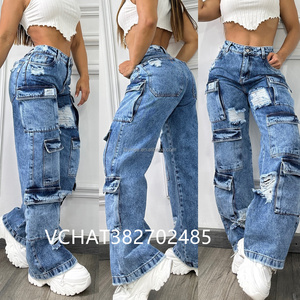 Pantalones Vaqueros <span class=keywords><strong>Cargo</strong></span> de Moda al por Mayor para <span class=keywords><strong>Mujer</strong></span>, de Color Liso, Talla Grande, de Cintura Alta, con Múltiples Bolsillos, Informales, de Mezclilla - Product Image 4
