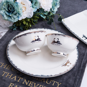 Service de table en céramique Double Swan, assiette à dîner, bol à dîner, vaisselle blanche élégante à la française - Product Image 3