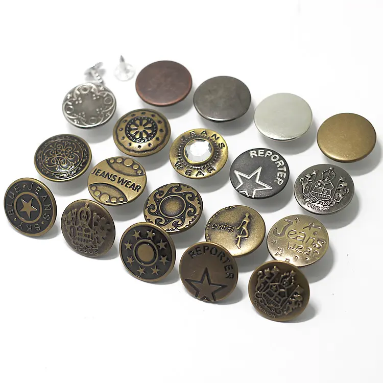 Custom logo cloth clothing 20mm embossed vintage brass silver denim jeans buttons and rivets for garment
