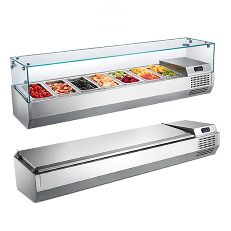 Commercial Equipment Supermarket Fruit Stainless Steel Freezer Bar With Container Showcase Glass Countertop Salad Refrigerators