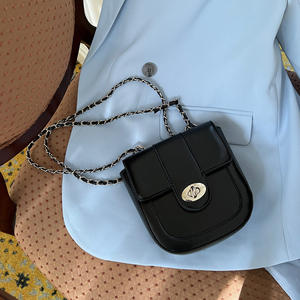 Silver Black Chain Shoulder Bag With <b>Lock</b> Closure For Everyday Use Women's Crossbody Saddle Bag Solid Color Design - Product Image 4