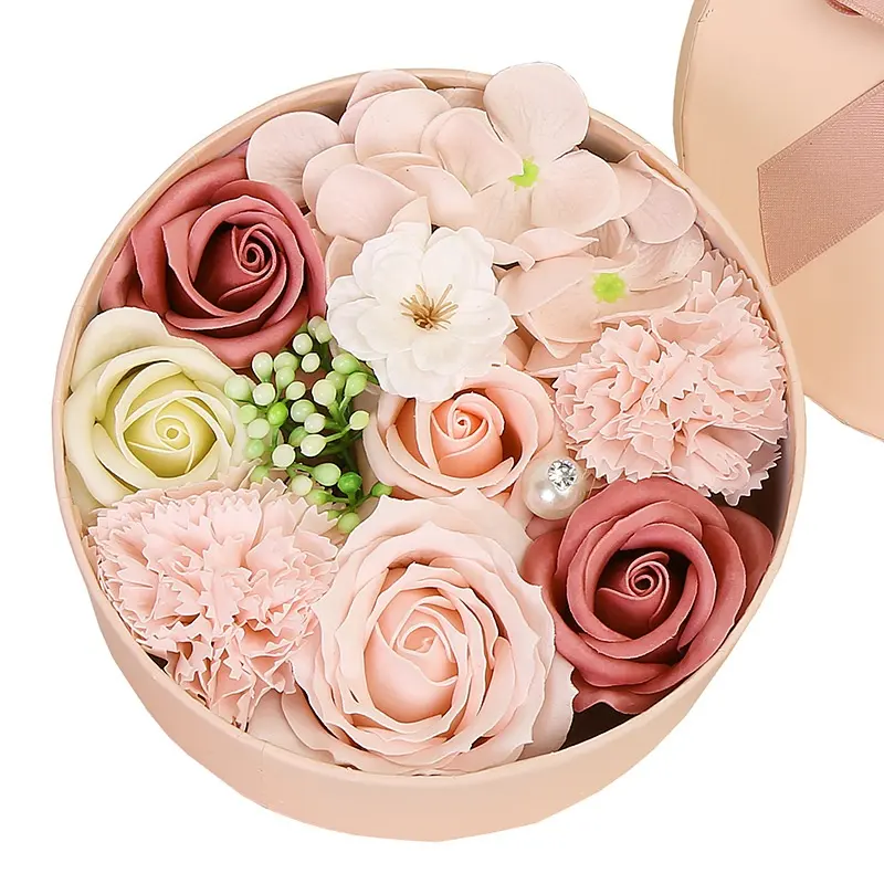 Ramo de flores de espuma para lavado de manos, conjunto de regalo con caja redonda, jabón de pétalos de rosas para boda y Día de San Valentín