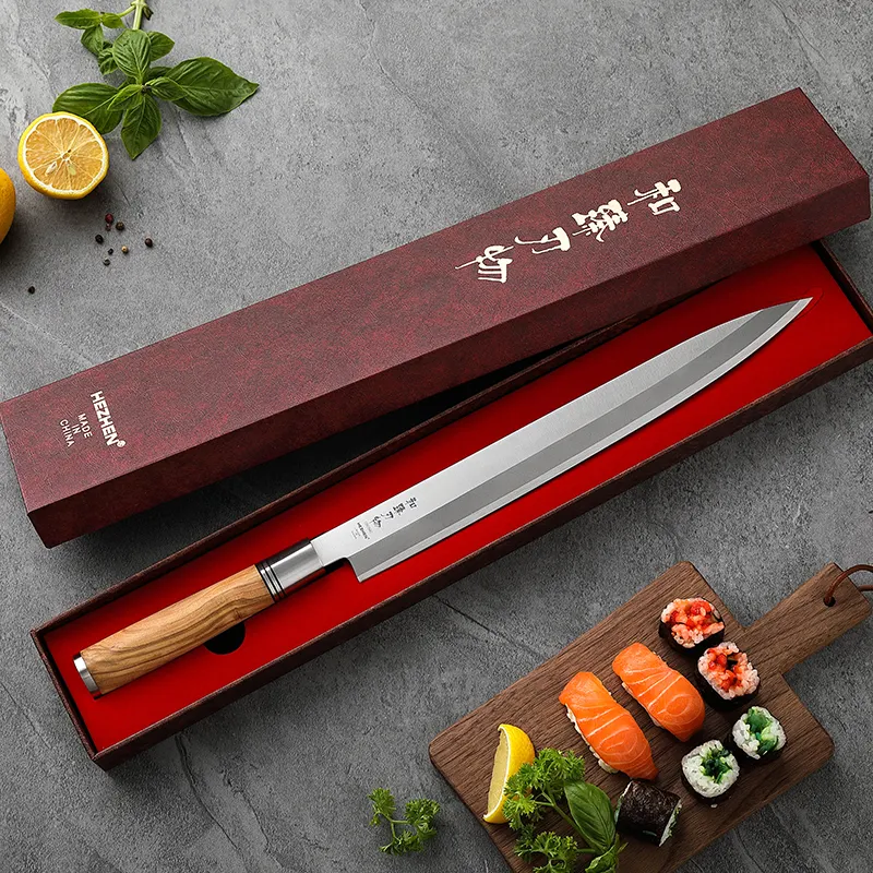 HEZHEN-cuchillos de cocina de acero inoxidable, 7Cr, mango de madera de oliva, afilado, japonés, Sashimi, con funda de madera