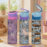 Bouteille d'eau pour enfants avec impression de dessin animé personnalisée, avec paille, sans BPA, en plastique, à couvercle rabattable, anti-fuite, portable, gourde pour enfants