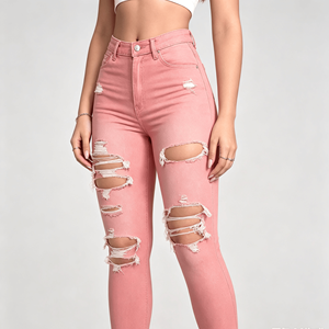 European and American high street pink ripped high <b>waisted</b> <b>elastic</b> <b>jeans</b> slim fit and slim ankle pants - Product Image 6