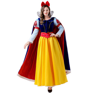 Snow White Costume Adult Princess Dress Cosplay Party Gown Full Length Blue Yellow Cape <b>Red</b> Bow - Product Image 2
