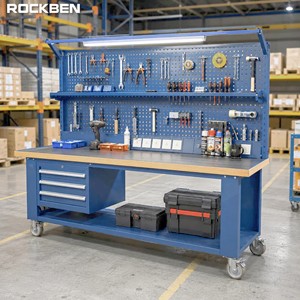 Banc de travail industriel portable ROCKBEN, 3 tiroirs, panneau de suspension pour outils en acier robuste, capacité de charge de 1000 kg, ultra-résistant - Product Image 1