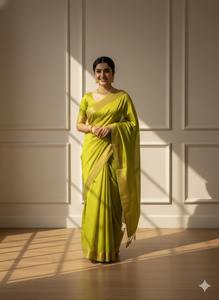 Sari en soie de bordure vert lime de qualité supérieure pour femmes, élégant, tissé à la main, robe traditionnelle de célébration en provenance d'Inde - Product Image 5