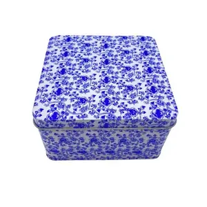थोक निर्माता वर्ग धातु कैंडी बॉक्स खाली टिन पैकेजिंग चाय टिन बॉक्स नीले और सफेद porcelainflat ढक्कन बॉक्स